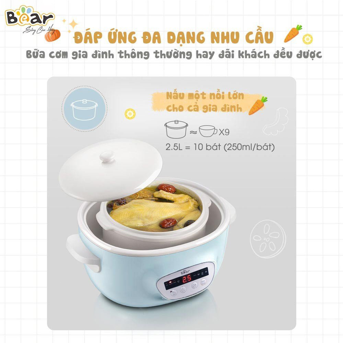 Nồi nấu chậm 8 chế độ Bear 2 5L SUBE003