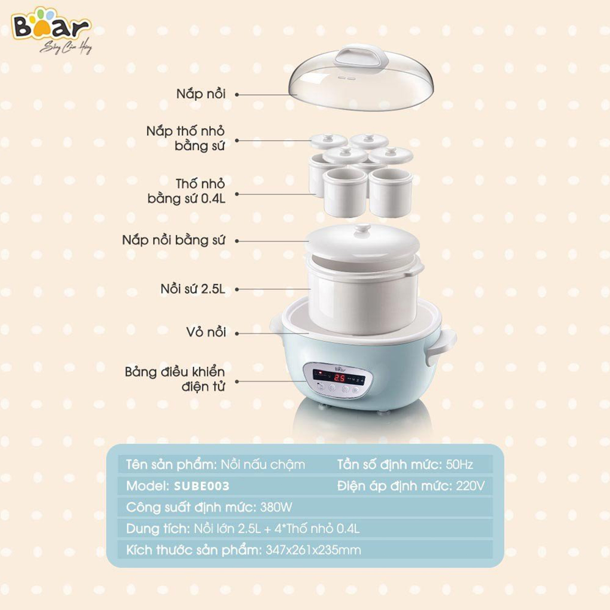 Nồi nấu chậm 8 chế độ Bear 2 5L SUBE003