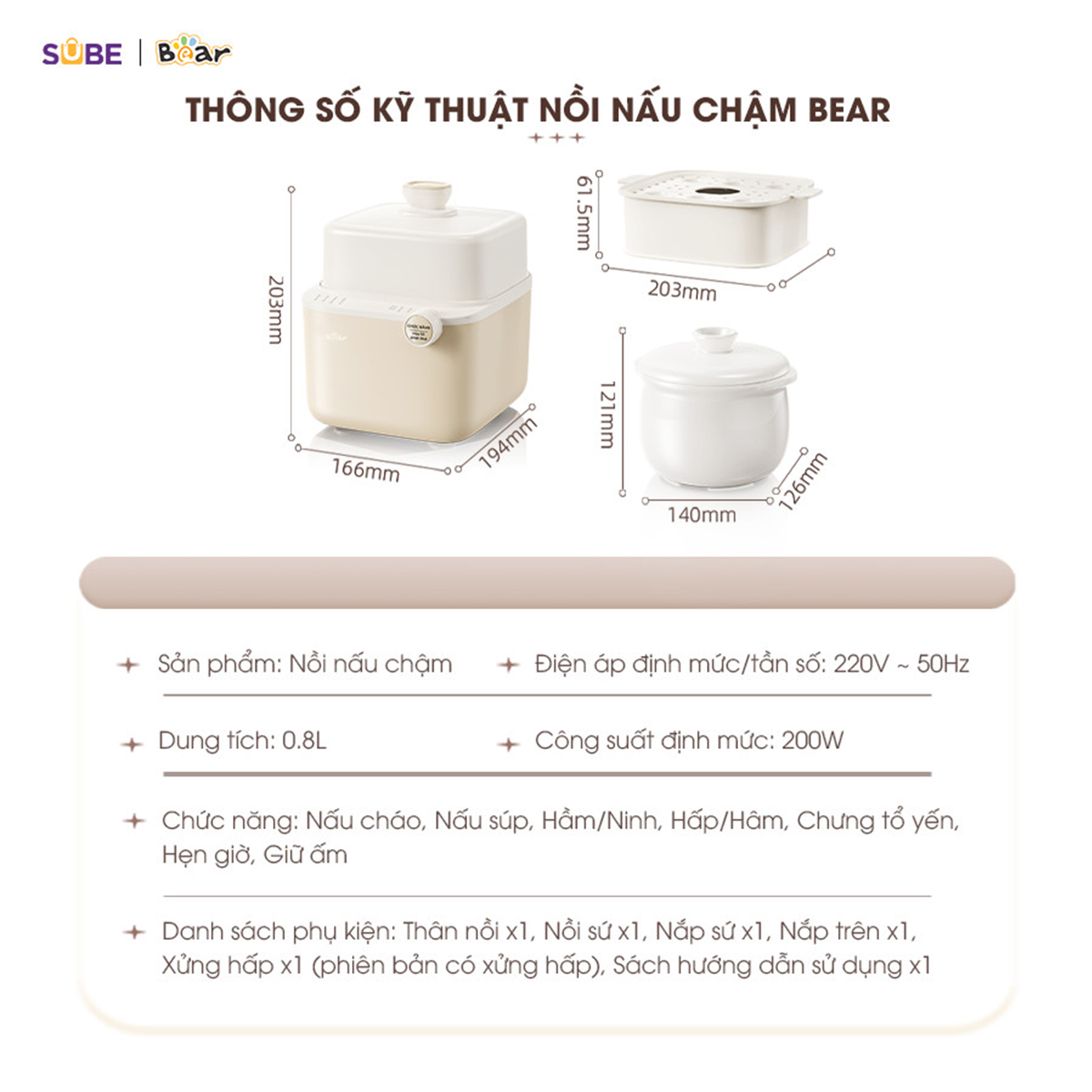 Nồi nấu chậm Bear 0 8L SB-NNC08