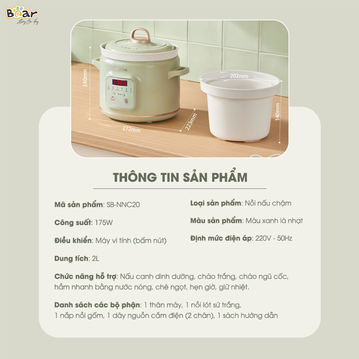 Nồi nấu chậm trực tiếp Bear 2L SB-NNC20