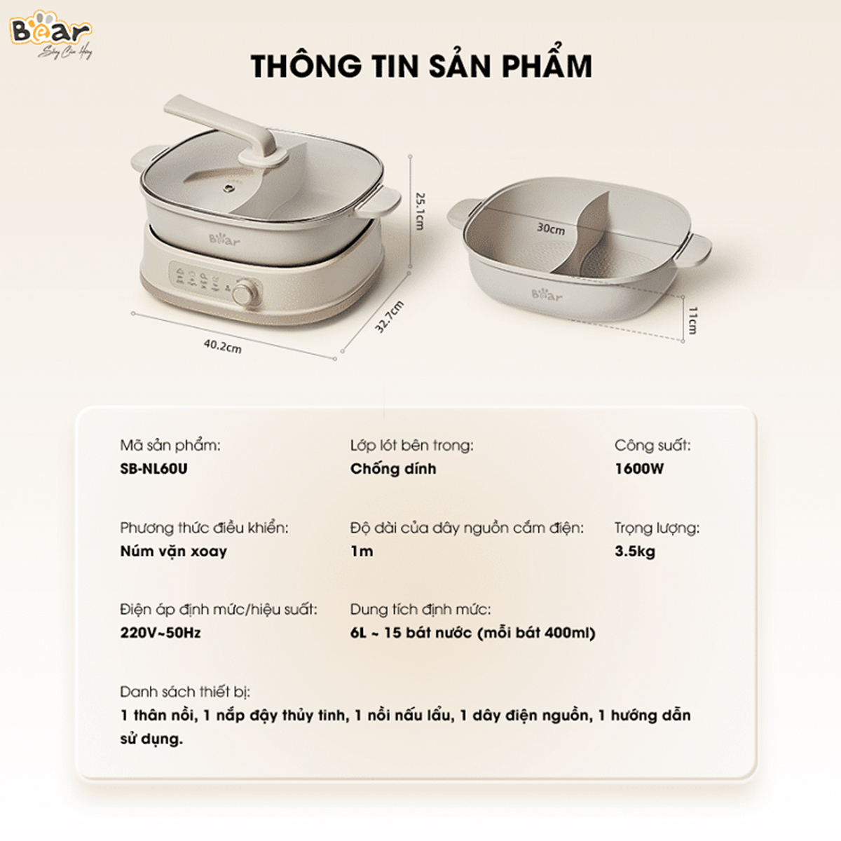 Nồi lẩu 2 ngăn Bear SB-NL60U dung tích 6L