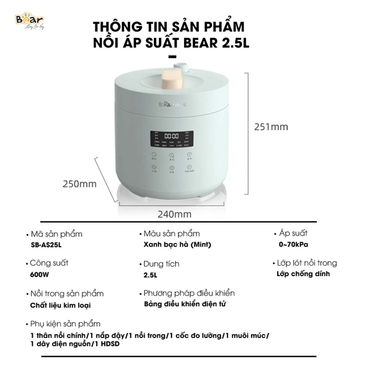 Nồi Áp Suất 2 5L Bear SB-AS25L