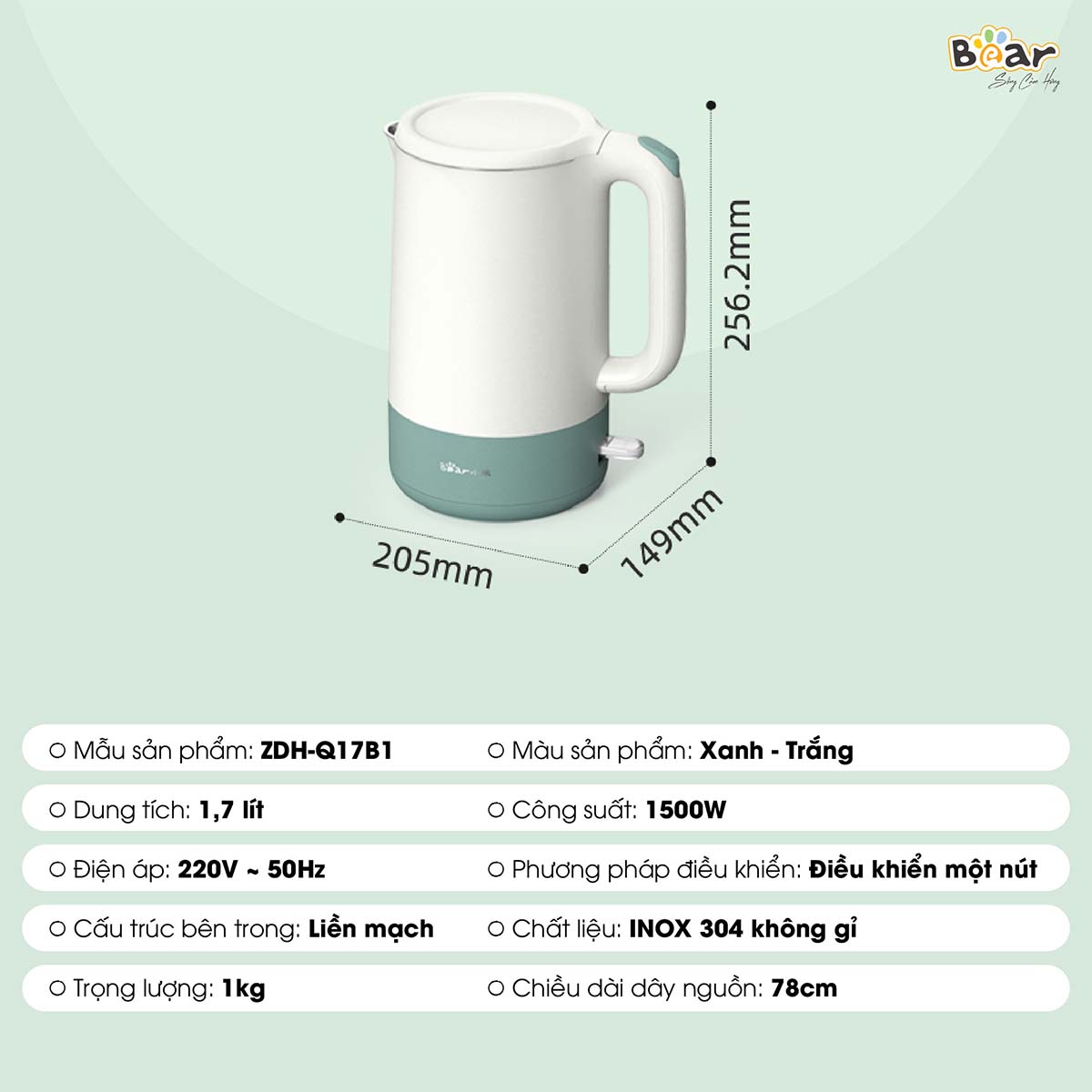 Ấm đun nước siêu tốc 1 7L Bear ZDH- Q17B1