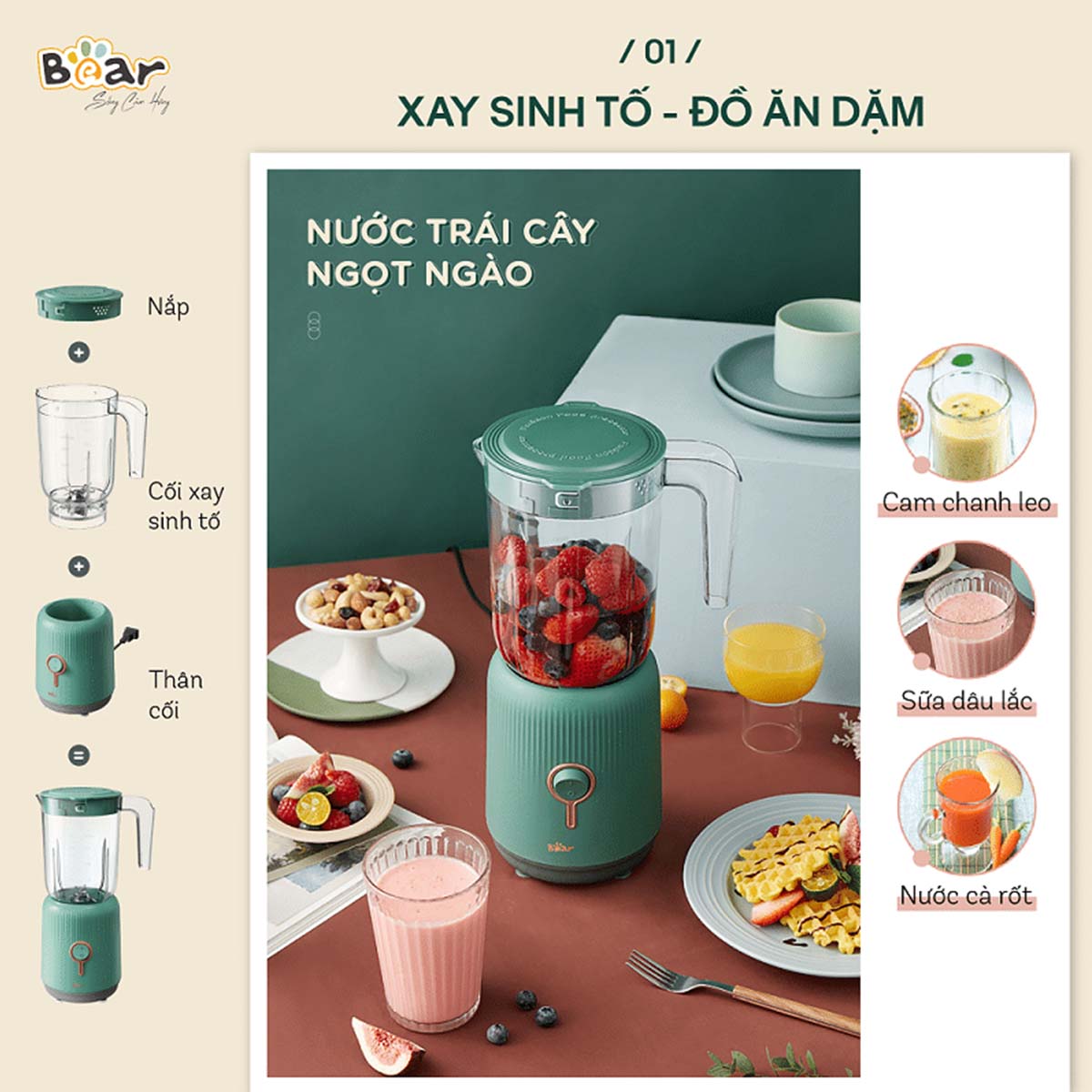 Máy xay sinh tố đa năng Bear BL-B10V2 kèm 2 cối bé