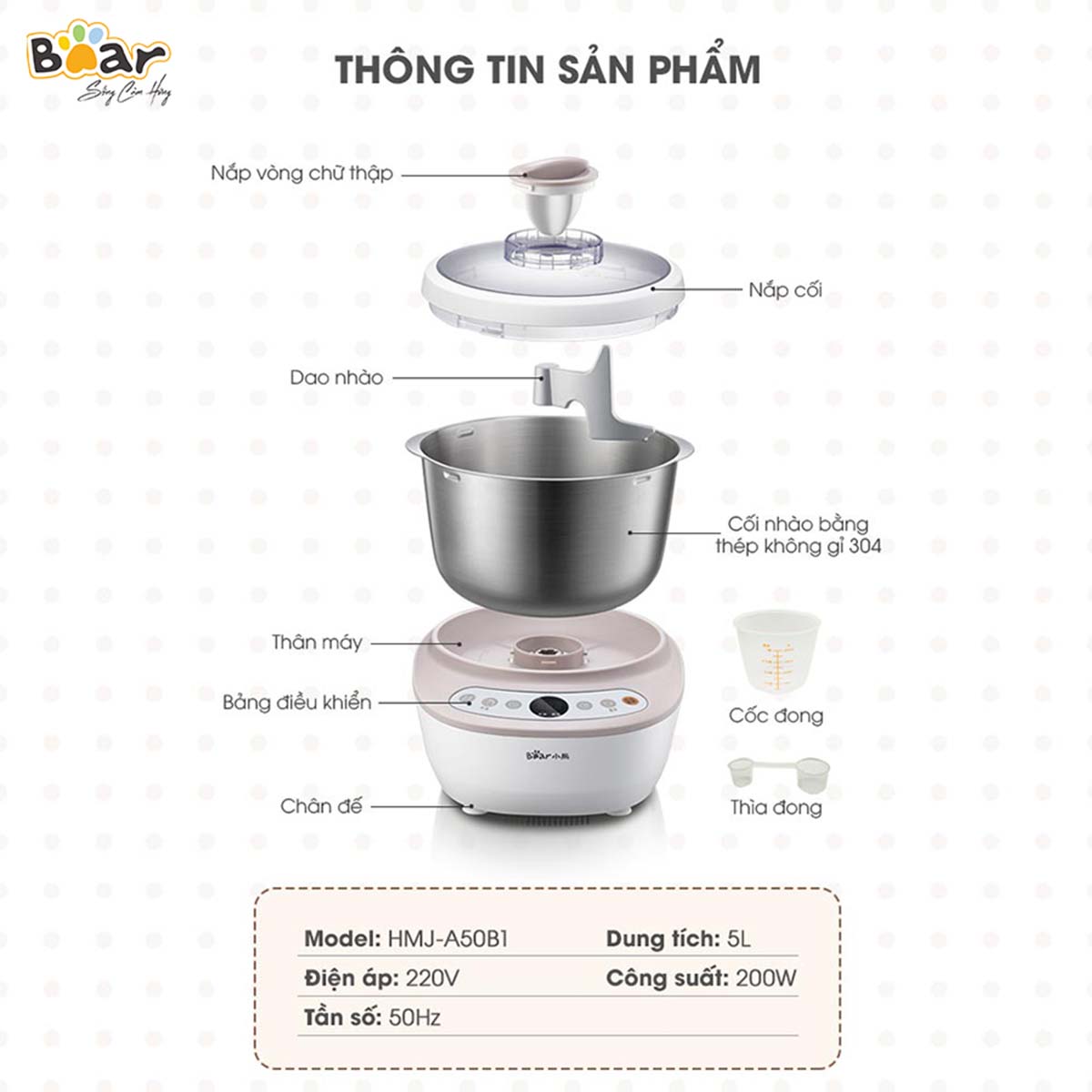 Máy nhào bột tự động 5L Bear DM- B50V1