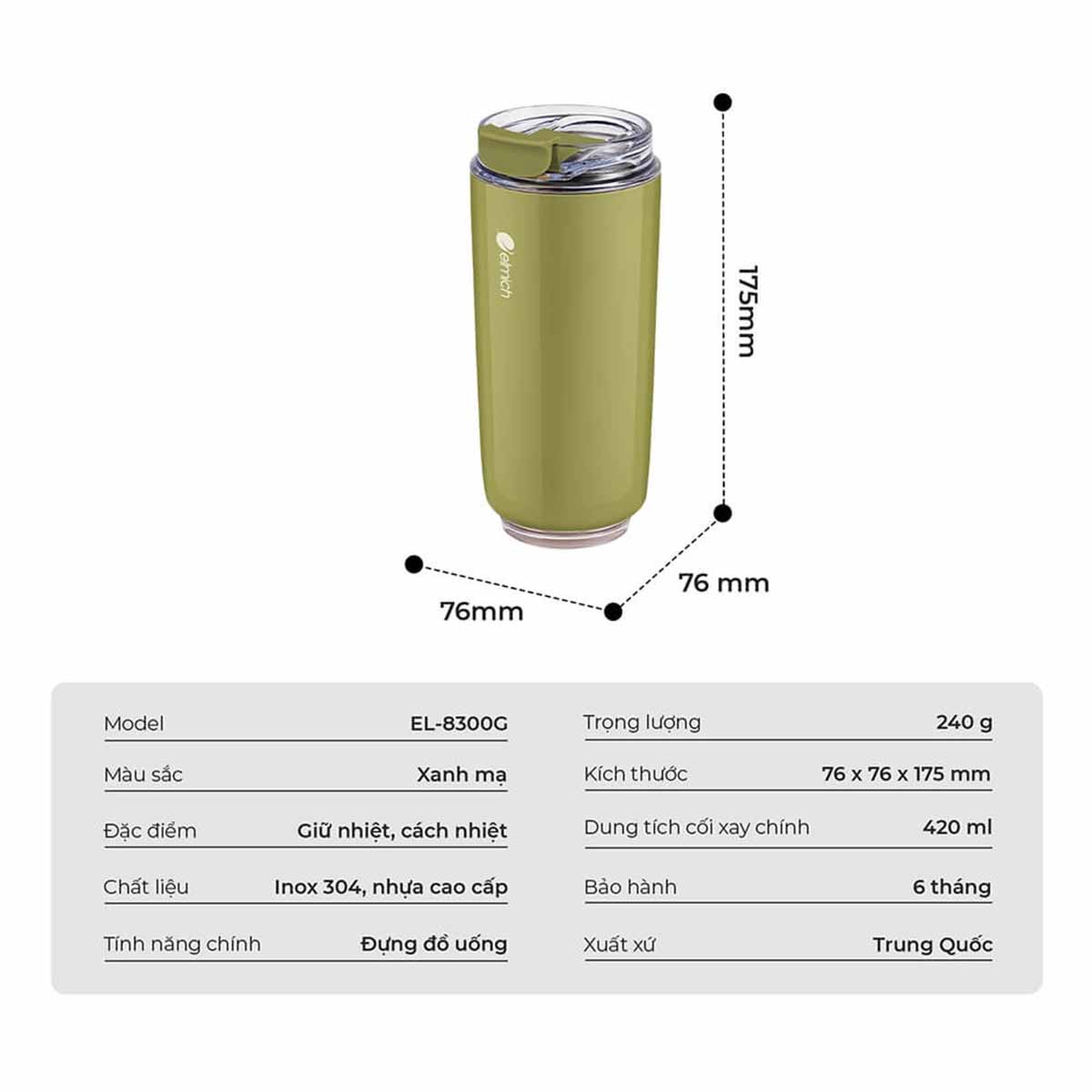 Cốc giữ nhiệt inox 304 Elmich EL-8300