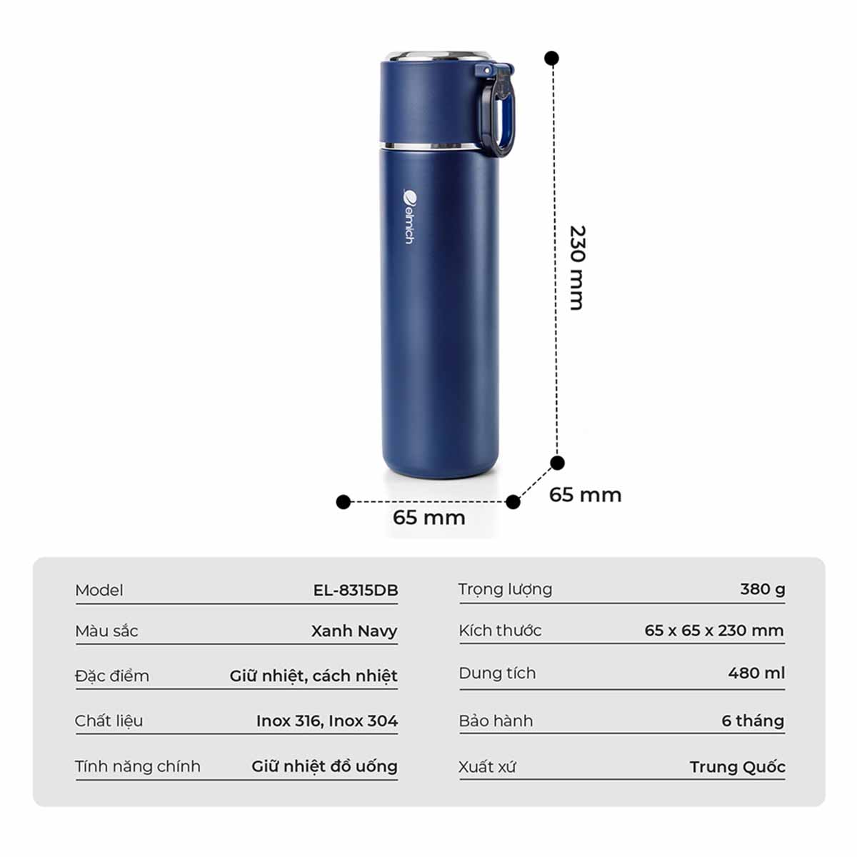 Bình giữ nhiệt inox 316 Elmich EL8315DB LB 480ml