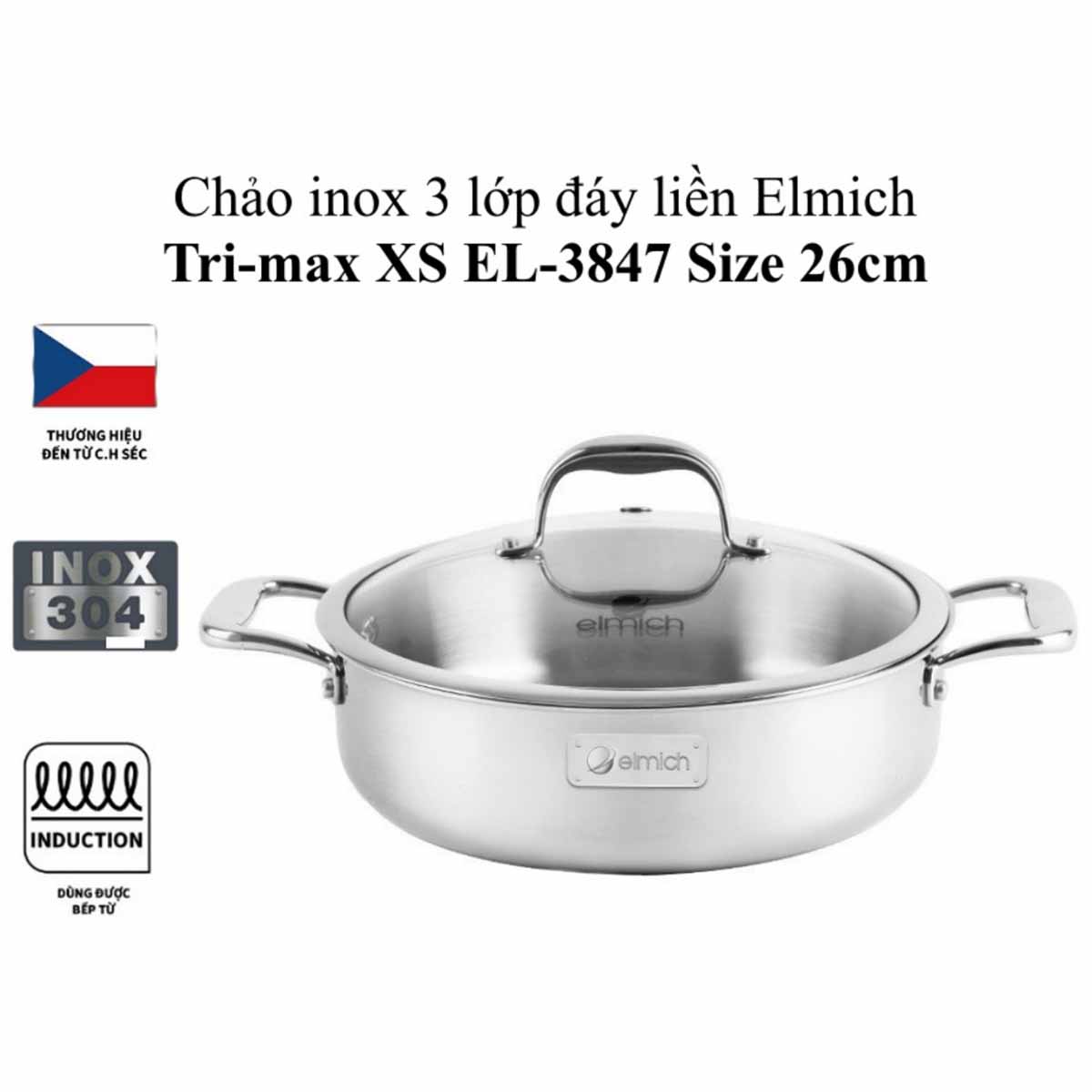 Chảo inox đáy liền 26cm Elmich Tri-max XS EL-3847