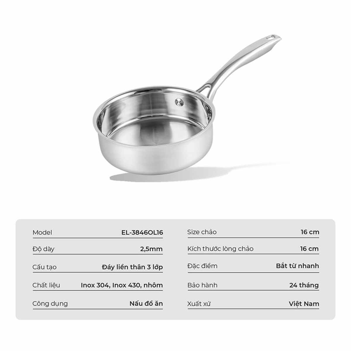 Chảo inox nguyên khối Elmich Trimax EL 3846OL16 size 16cm