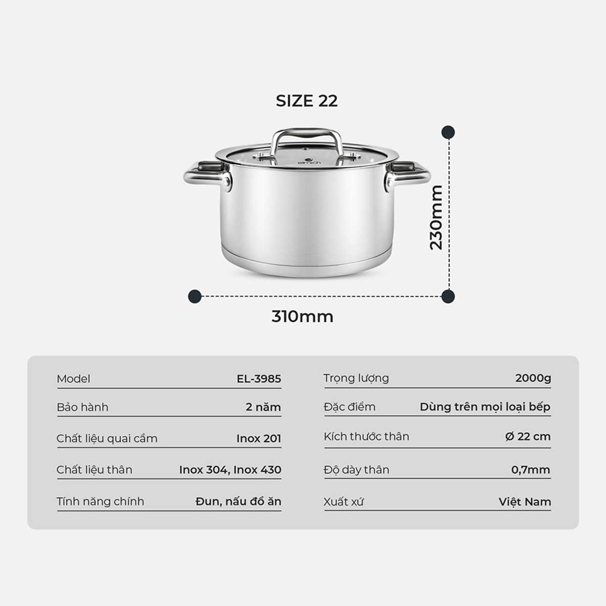 Nồi inox Elmich Berlin đáy 5 lớp EL-3985 size 22cm