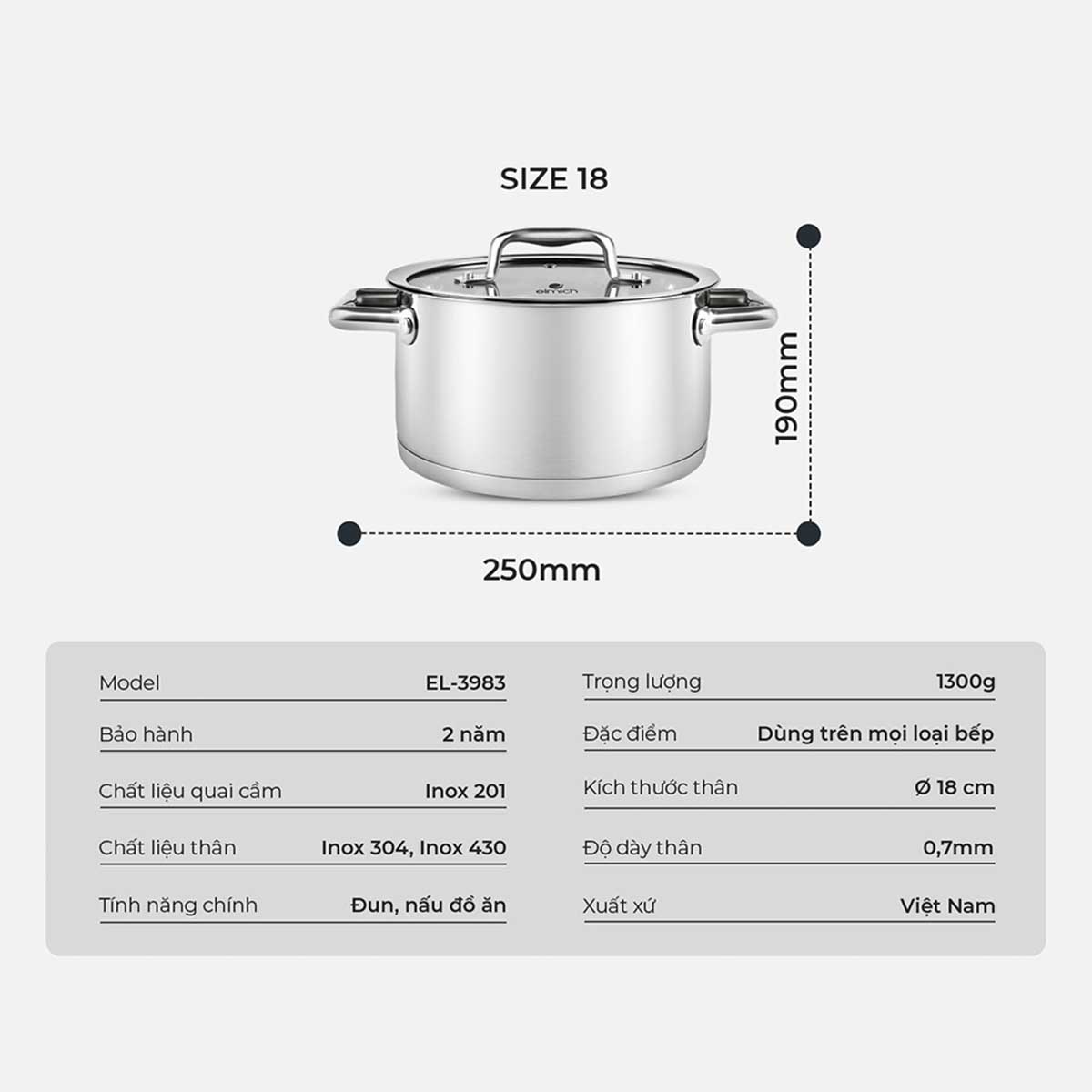 Nồi inox Elmich Berlin đáy 5 lớp EL-3983 size 18cm