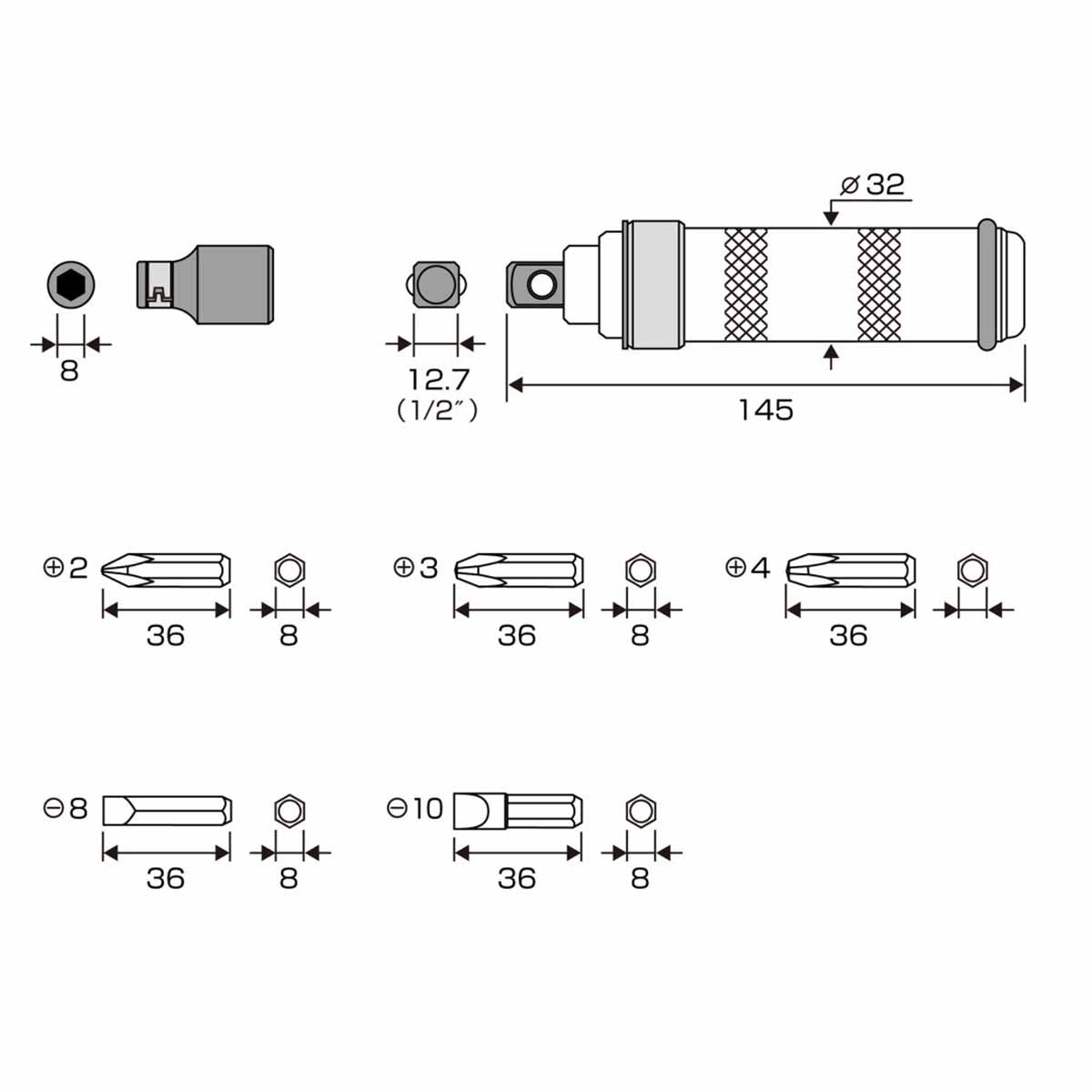 Bộ 6 tô vít đóng Nhật Bản đầu 1 2 inch No 1901 Anex