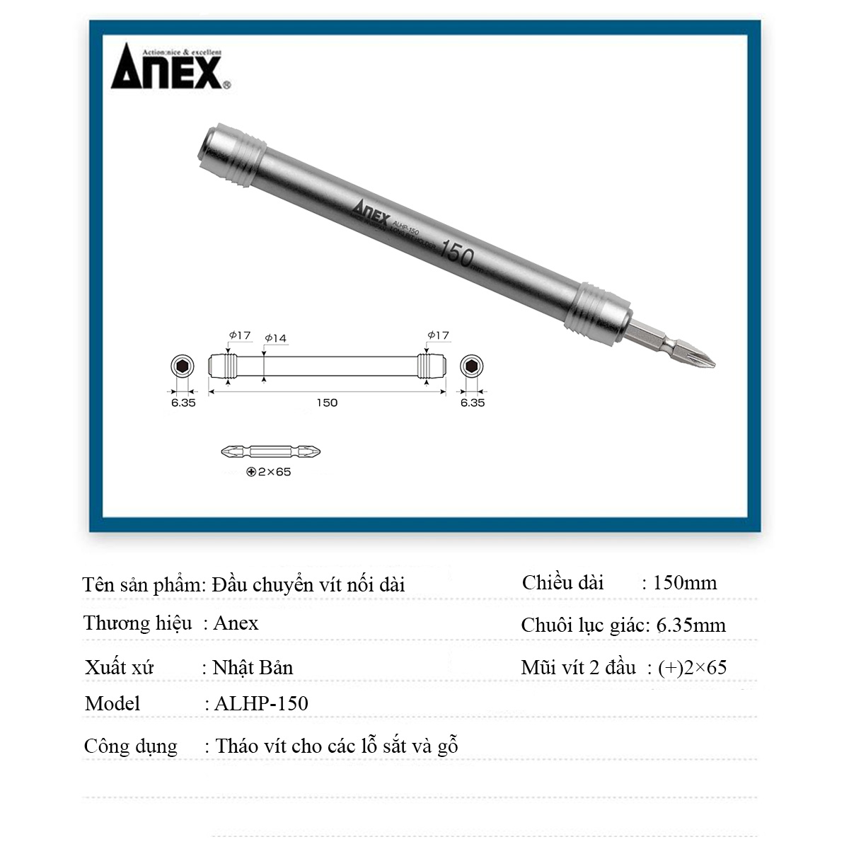 Đầu chuyển vít nối dài 150mm ALHP-150 Anex