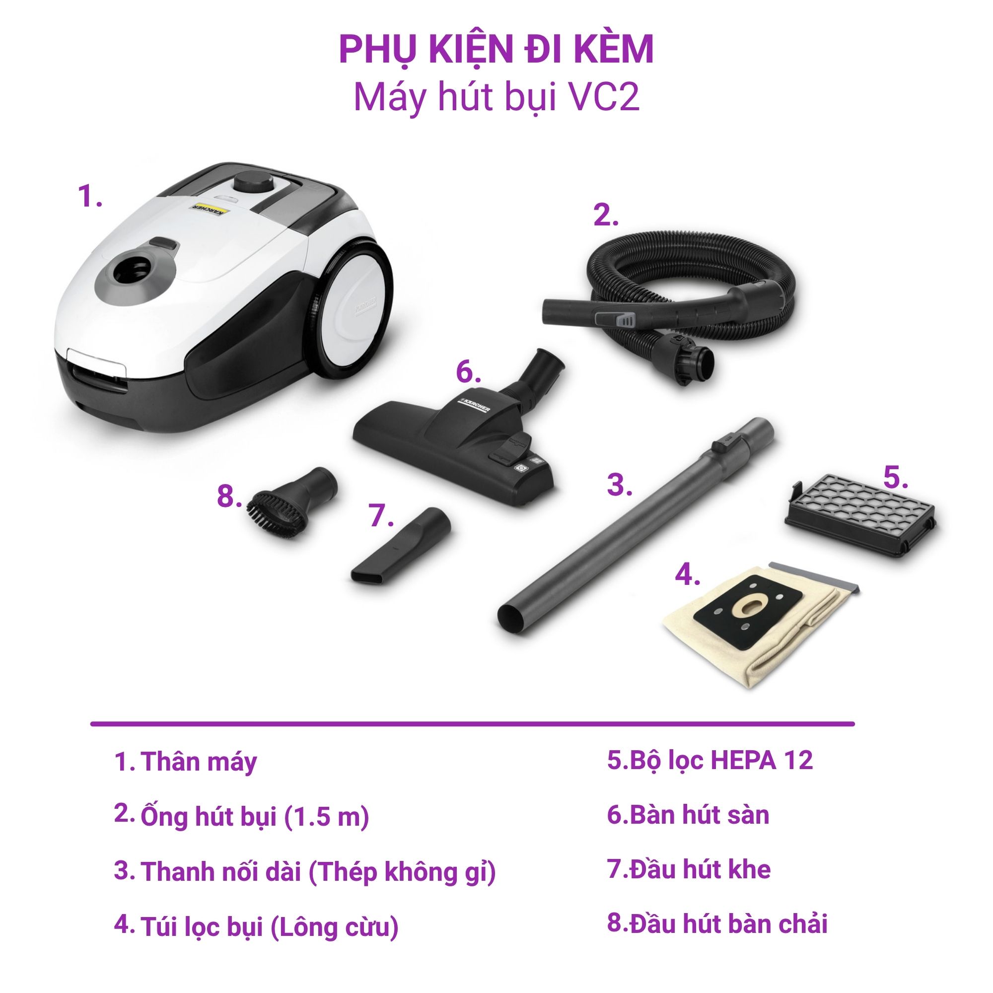 Máy hút bụi gia đình dùng túi lọc VC2 White - 1 198-030 0