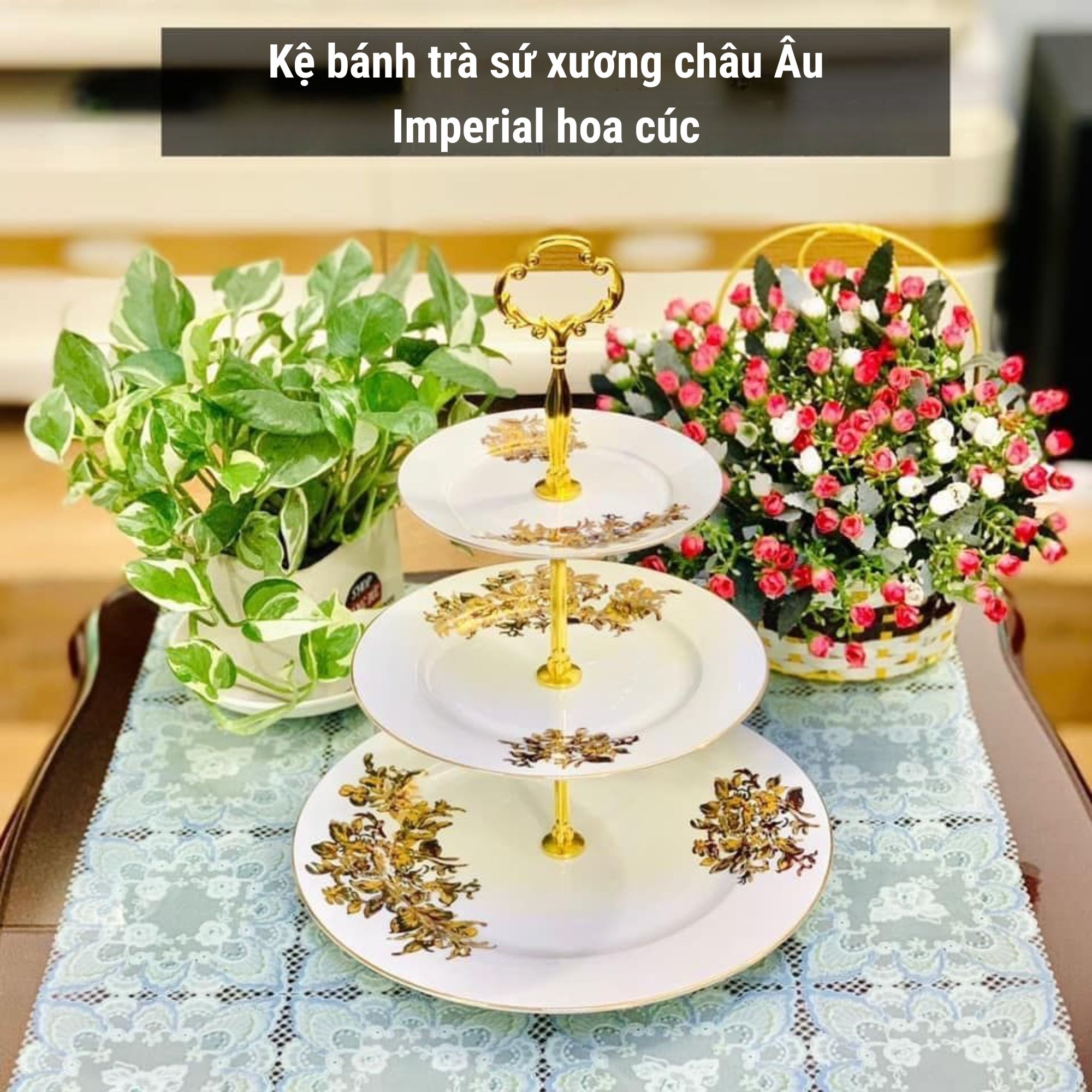 Kệ bánh trà sứ xương châu Âu Imperial hoa cúc