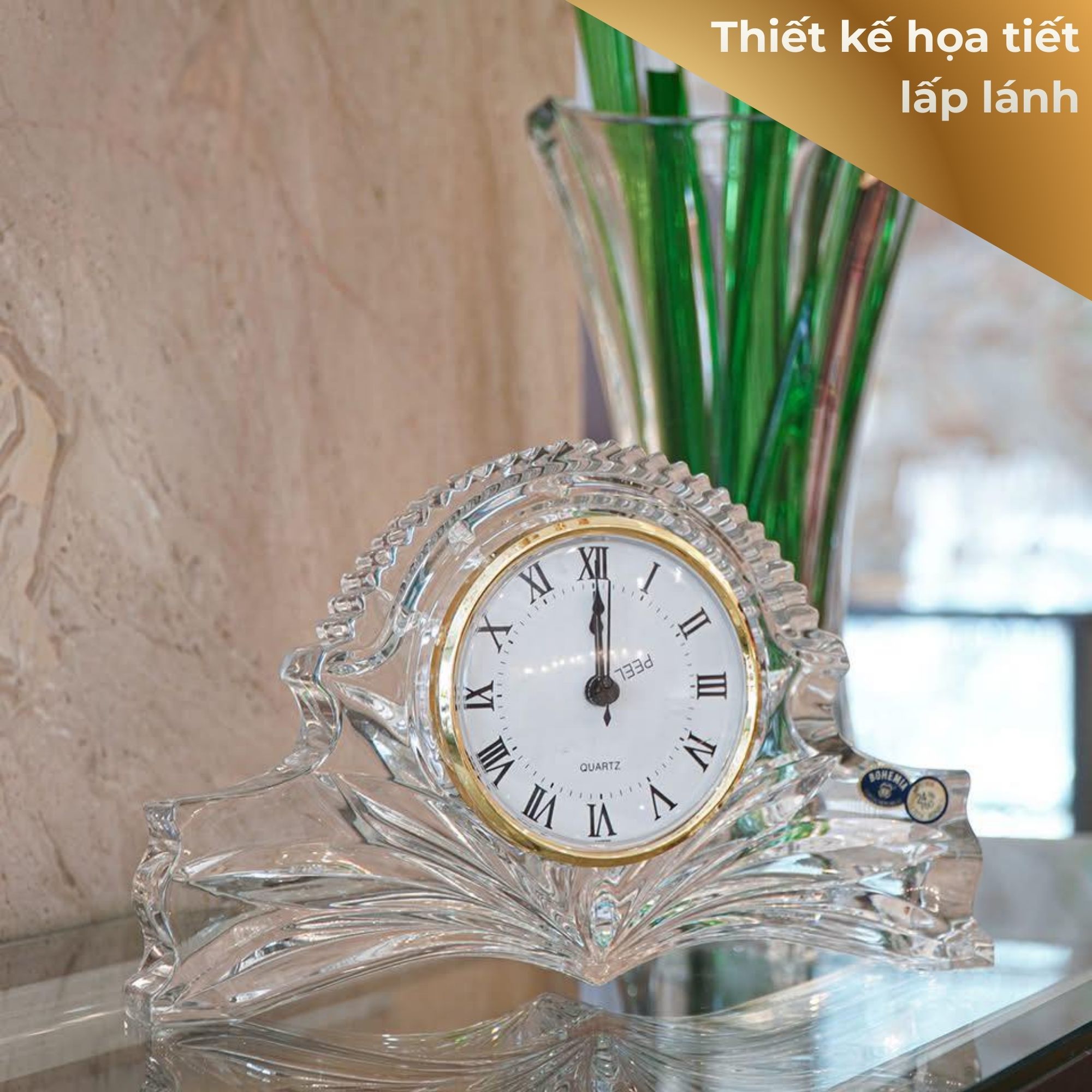 Đồng hồ pha lê cao cấp để bàn Bohemia (cao 16cm x ngang 27cm) - SX tại Séc