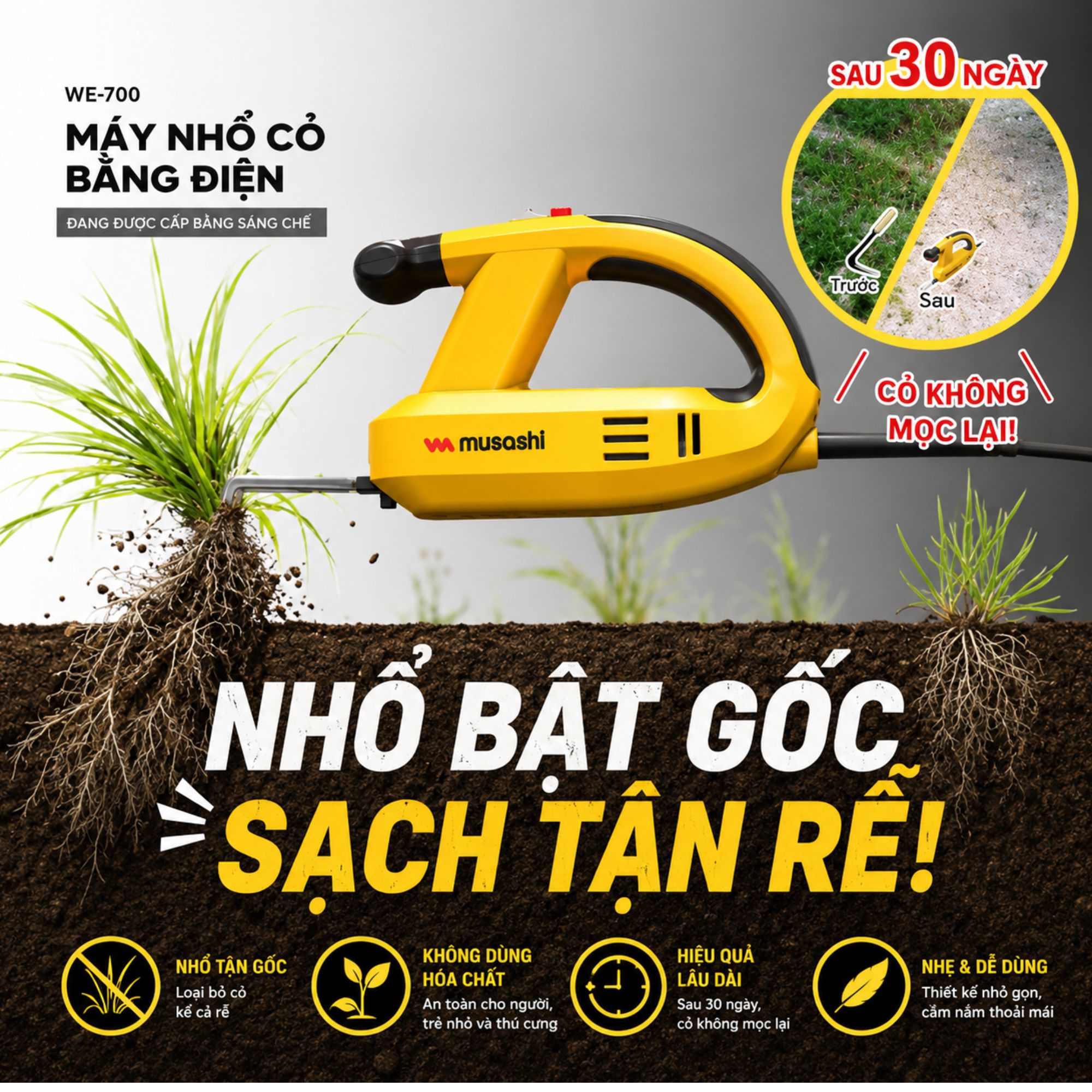 Máy Nhổ Cỏ Cầm Tay Musashi WE-700 - Giải Pháp Làm Sạch Cỏ Dại Tận Gốc Từ Nhật Bản